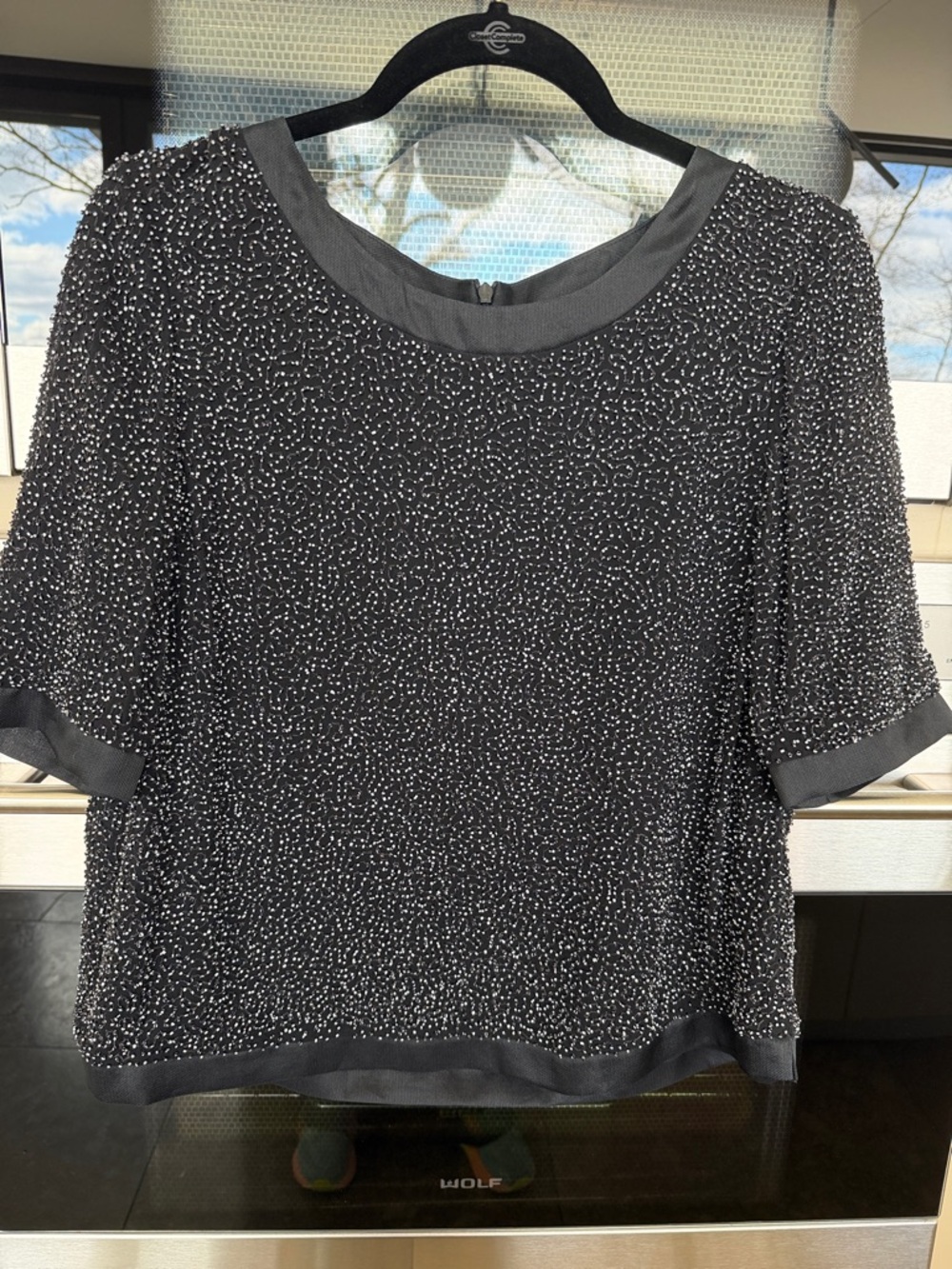 St. John Black Beaded Short Sleeve Blouse